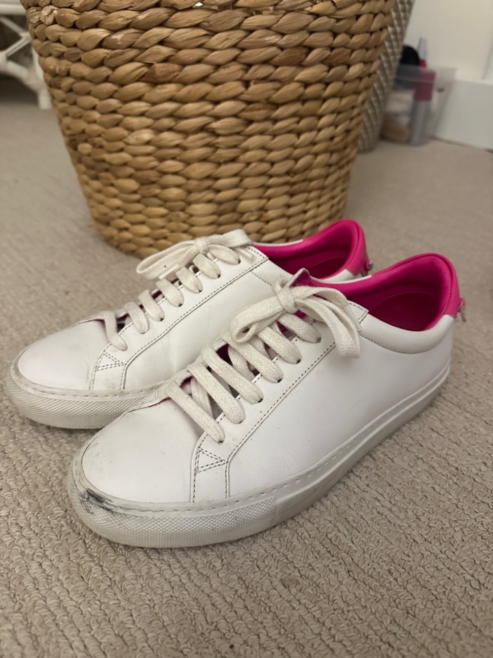 Givenchy White Leather Sneakers with Hot Pink Collar